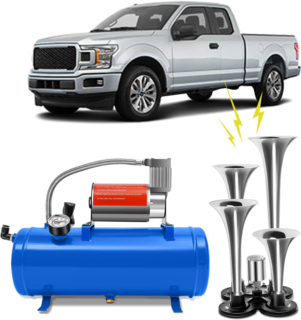 Kit de bocina de aire de 4 trompetas, 6 litros, con compresor de aire de 150 PSI, bocina neumática universal