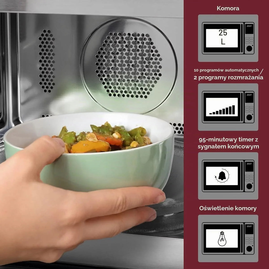 Bomann MWG 2216 H EB kuchenka mikrofalowa do zabudowy z grillem i gorącym powietrzem / 25 litrów / 5 poziomów mocy kuchenki mikrofalowej / 10 programów automatycznych / 2 programy rozmrażania / 1 program szybkiego startu