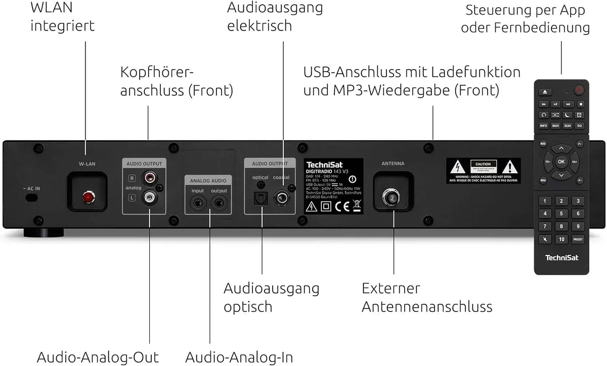Sintonizador HiFi DIGITRADIO 143 V3 DAB+ radio por internet con Bluetooth, Spotify Connect, WLAN y mando a distancia 43,5 cm