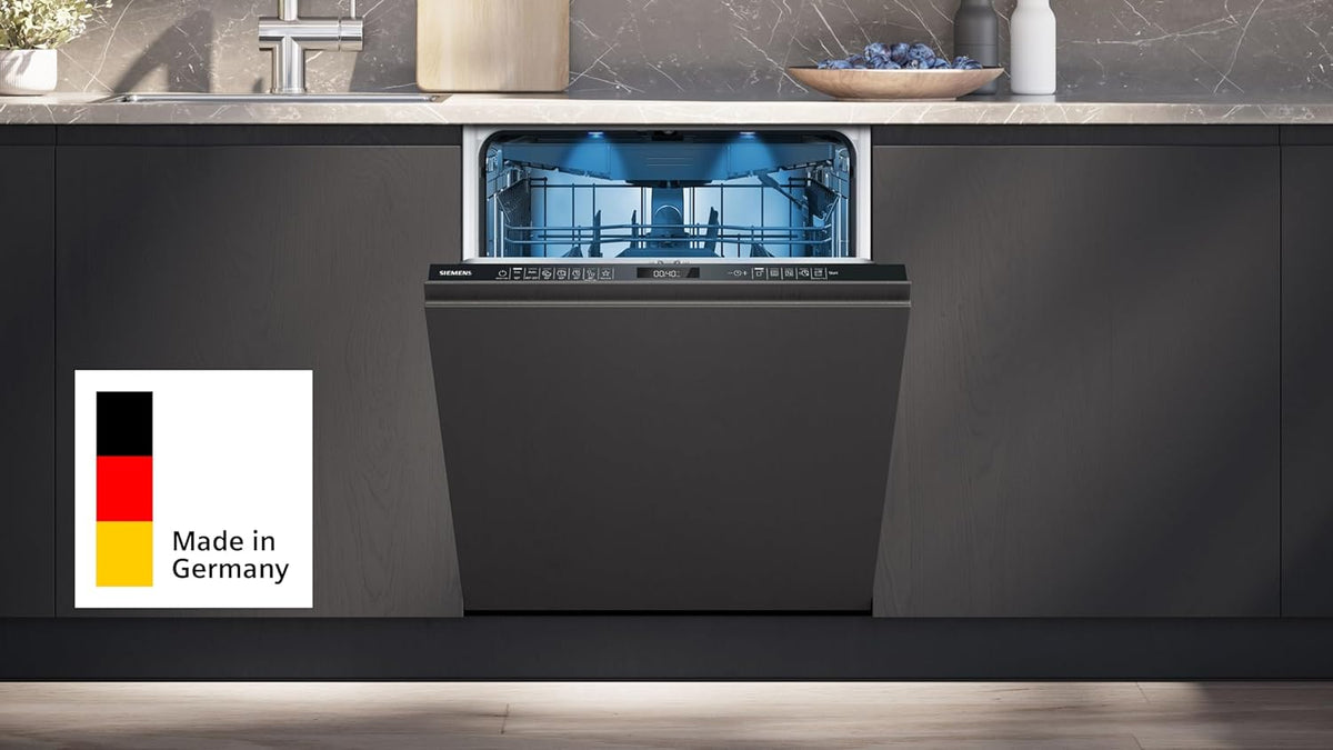 Lavavajillas totalmente integrable Siemens SN95EX22CE iQ500, 60 cm, fabricado en Alemania, bisagra vario para situaciones de instalación flexibles, varioSpeed Plus, autoOpen dry, Rackmatic, zona intensiva, silencioso