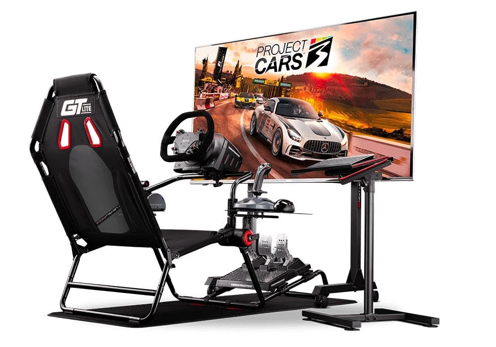 Cabina de simulación de carreras GTLite, soporte plegable ajustable para volante, pedales y palanca de cambios, diseño compacto y fácil de almacenar.