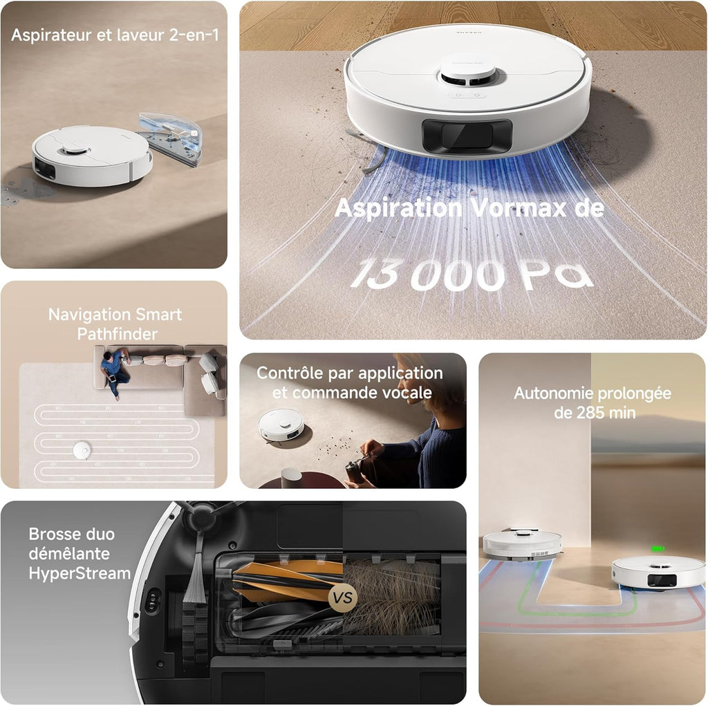 Robot Aspirador DREAME D20, 13 000 Pa, Cepillo Duo para Pelo de Mascotas, Navegación Láser, Aspirador y Fregasuelos 2 en 1, Suelos Duros y Alfombras/Moquetas, Batería de 5 200 mAh, Aplicación y Control por Voz
