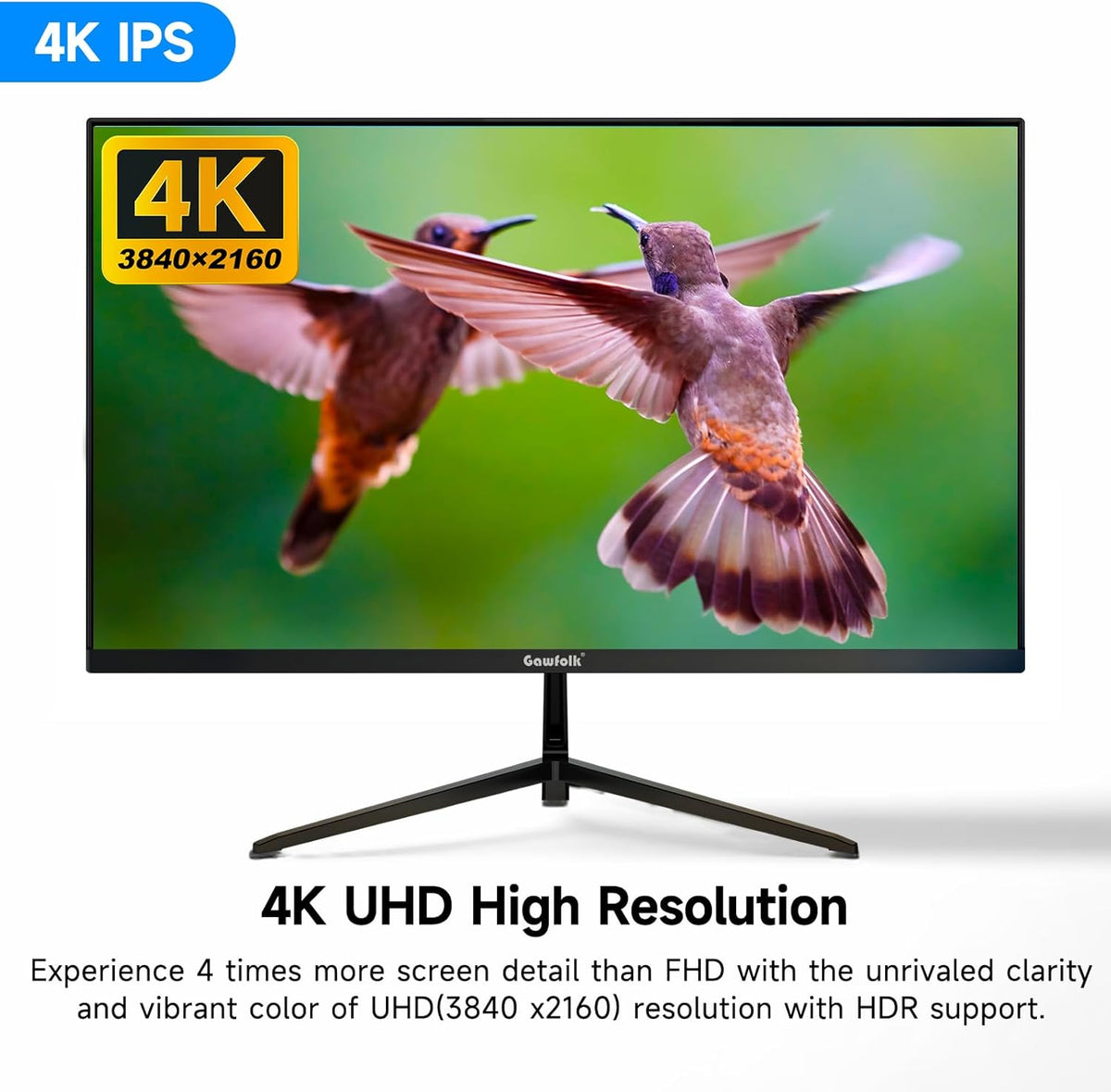 Monitor Gawfolk 4K IPS de 27 pulgadas y 60 Hz, pantalla de PC UHD de 3840 x 2160p, monitor de computadora sin marco para oficina en casa, DP, HDMI, VESA 75 x 75 mm