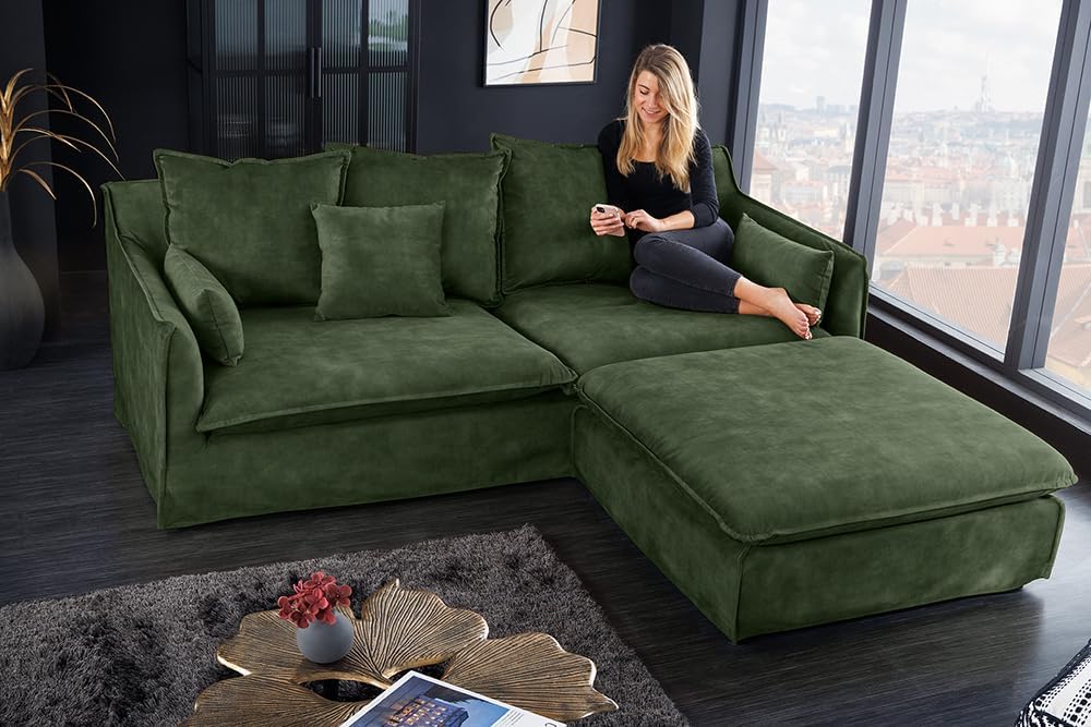 Riess Ambiente Sofá grande de 3 plazas Heaven 200 cm, terciopelo verde oscuro, funda lavable, sofá con funda, sofá esquinero, sofá de terciopelo