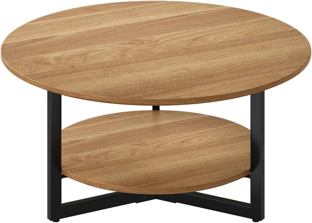 Mesa de centro redonda skølm Drakkar Ø70 cm – Mesa de salón de madera maciza de roble y estructura de metal – Mesa de sofá con 2 estantes – Mesa auxiliar pequeña aceitada – Mesa de madera para salón con espacio de almacenamiento – Mesa de centro