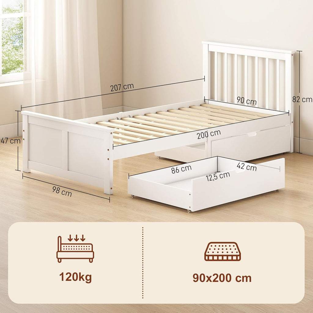 HOMCOM Cama de 90 x 200 cm, estructura de cama con somier de láminas de madera, cajón, almacenaje bajo la cama, cama individual, cama de madera con cabecero, estructura de cama para dormitorio, habitación de invitados, blanco