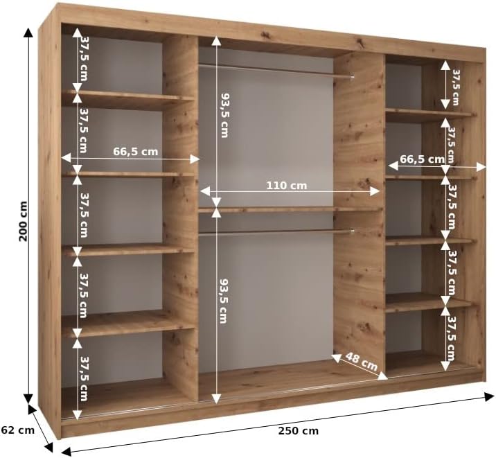 ABIKSMEBLE York 1 250 Armario de 2 puertas correderas para dormitorio - Armario moderno con espejo, barra y estantes - 250x200x62 cm (ancho x alto x fondo) - Sonoma + blanco mate