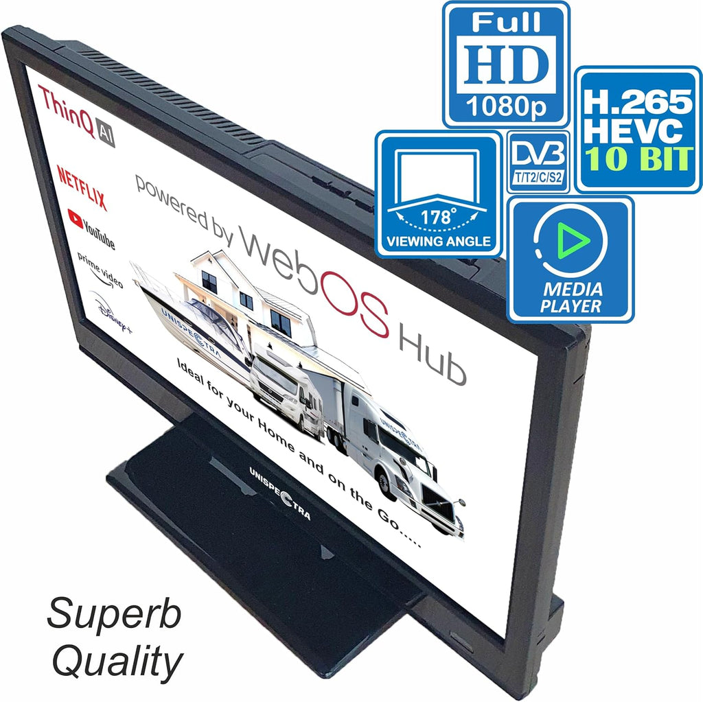 Smart TV Unispectra® de 16” (webOS) Full HD 230V 24V, triple sintonizador: satélite, antena, televisión por cable, 3xHDMI, 2xUSB, Magic Remote. Televisor de 12V para autocaravanas, caravanas, camiones, furgonetas y barcos.