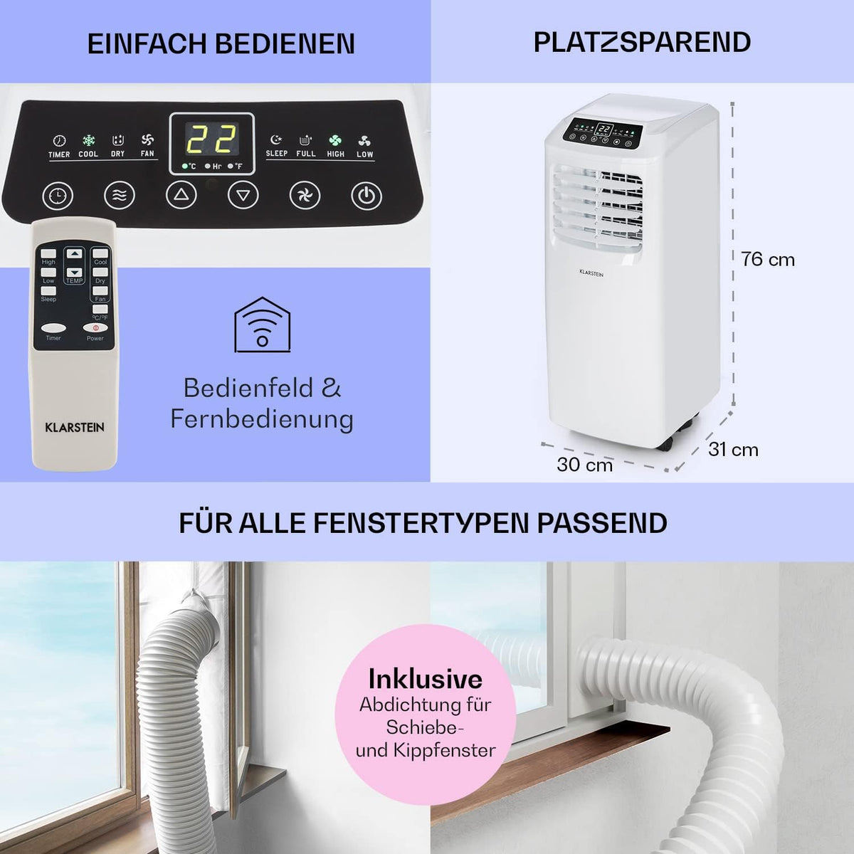 Aire acondicionado Klarstein, unidad de aire acondicionado 4 en 1, deshumidificador, ventilador y modo noche, aire acondicionado portátil con manguera de escape, control por aplicación, aire acondicionado para habitaciones de hasta 44 m², 9000 BTU, blanco