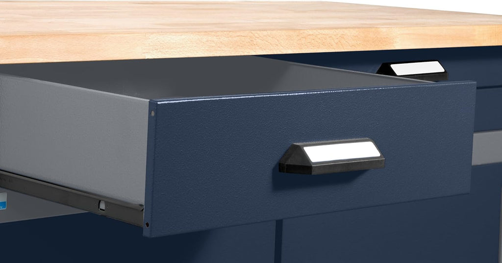 Banco de trabajo Küpper 12283, 240x84x60cm, 6 cajones, 2 puertas, 300 kg de capacidad de carga, tablero de trabajo de haya maciza de 30 mm (azul oscuro)