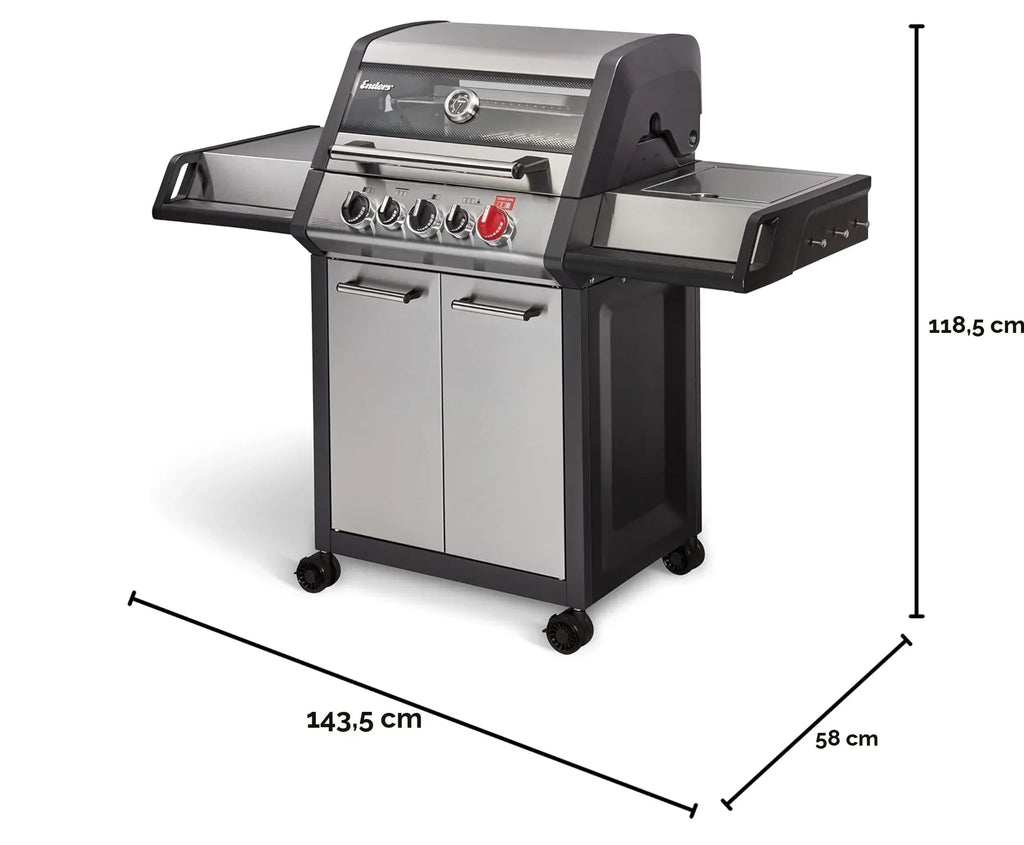 Barbacoa de gas Enders MONROE PRO 3 SIK TURBO, 3 quemadores de acero inoxidable, quemador trasero infrarrojo, PanoVision, zona turbo de 800 °C