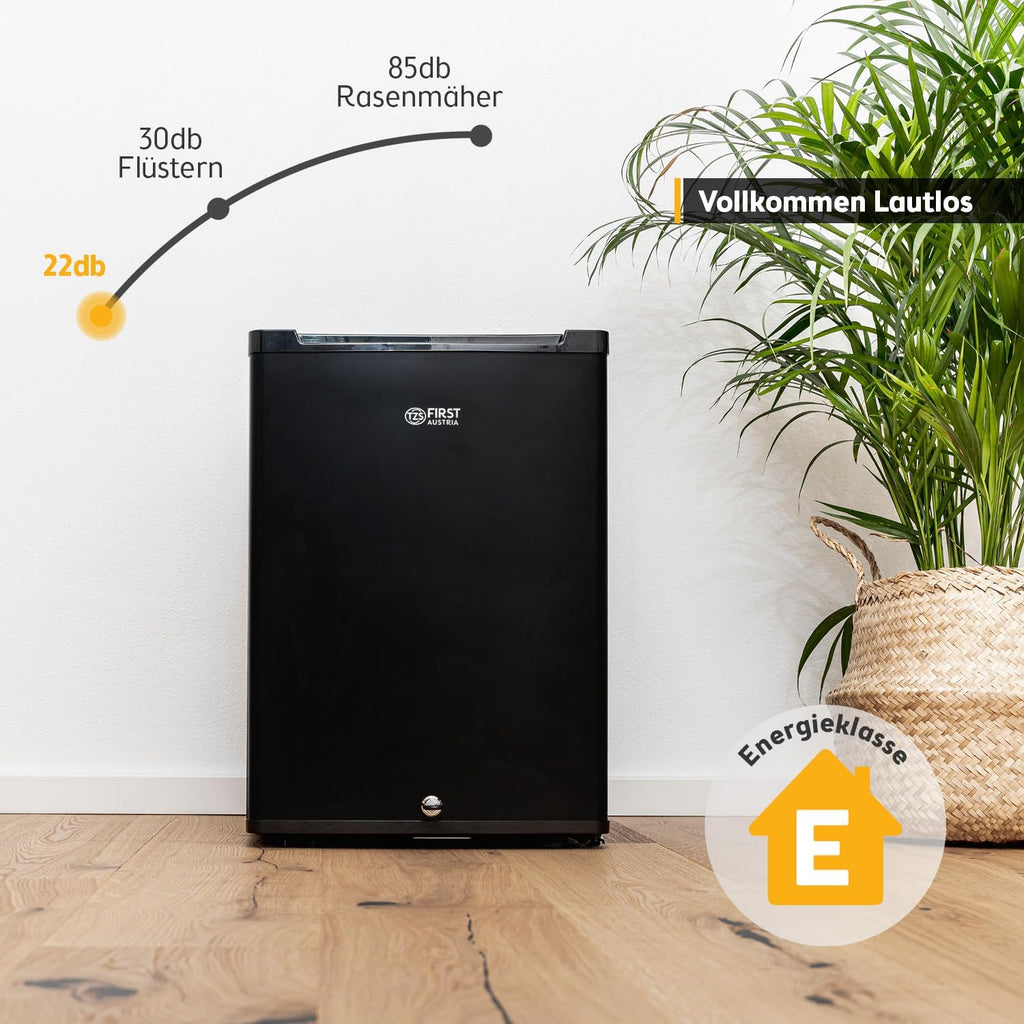 TZS First Austria - Mininevera 40L silenciosa y con cerradura - Mininevera pequeña, sentido de apertura de puerta reversible e iluminación interior - Minibar para camping, oficina, dormitorio y hotel - Negro mate