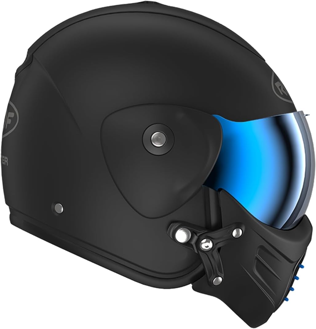 Casco de moto jet de alta gama ROOF Roadster de fibra de vidrio con mentonera magnética extraíble, pantalla iridio incluida – Color Iron negro mate/azul - Venta directa de fábrica - Garantía de 4 años
