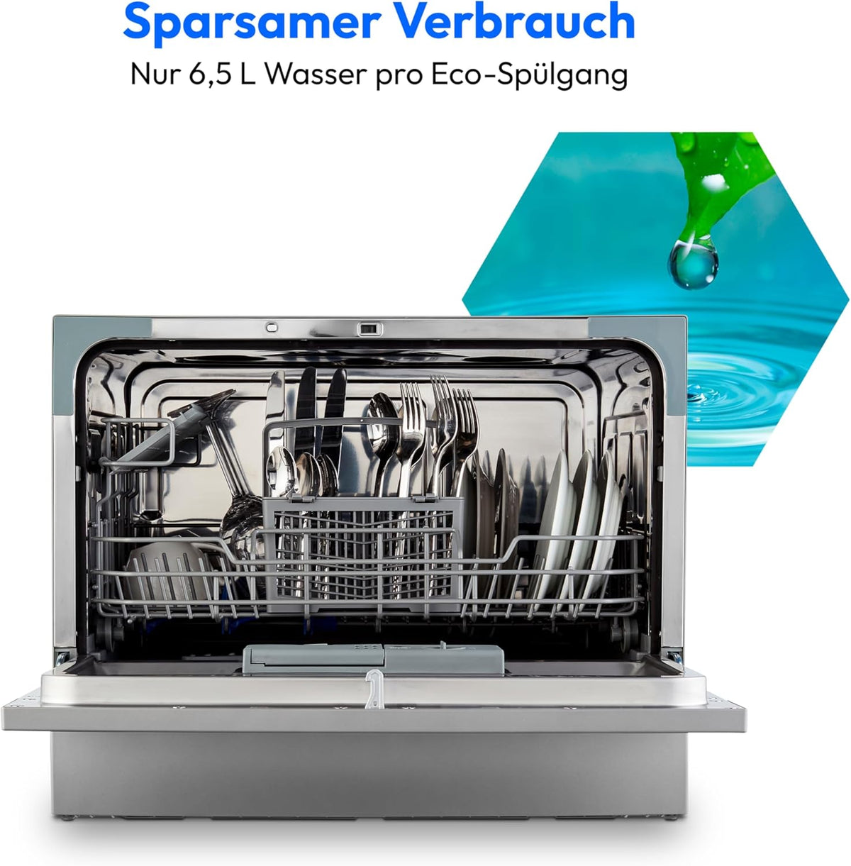 Lavavajillas de sobremesa MEDION DWT60 (capacidad para 6 cubiertos, 7 programas, programa ECO, aprox. 6,5 litros de consumo, AquaStop, pantalla LED, seguro para niños, MD37496) plateado