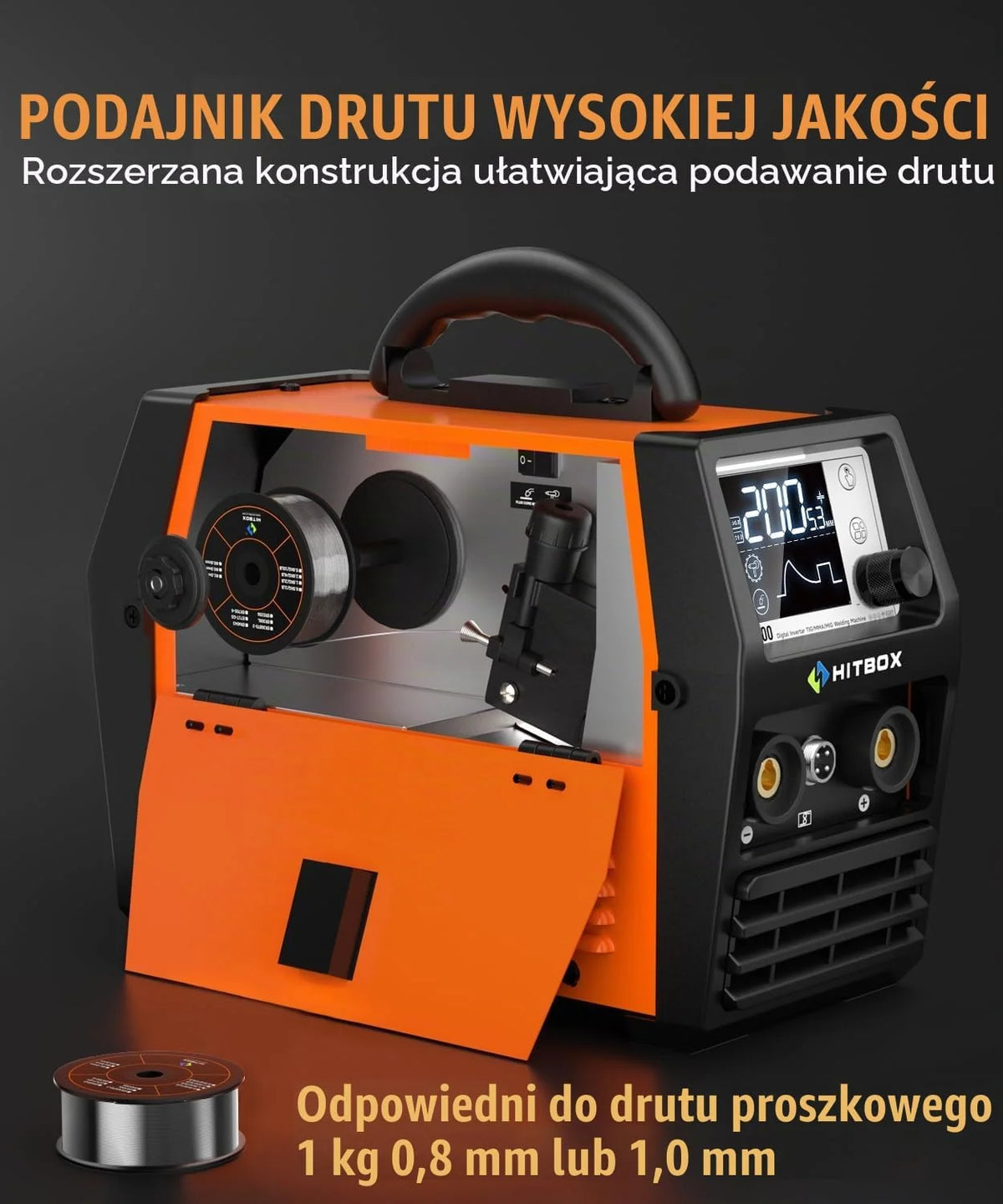 HITBOX Spawarka Bezgazowa 200A 4‑w‑1 MIG/ARC/MMA/Lift WIG, 230V