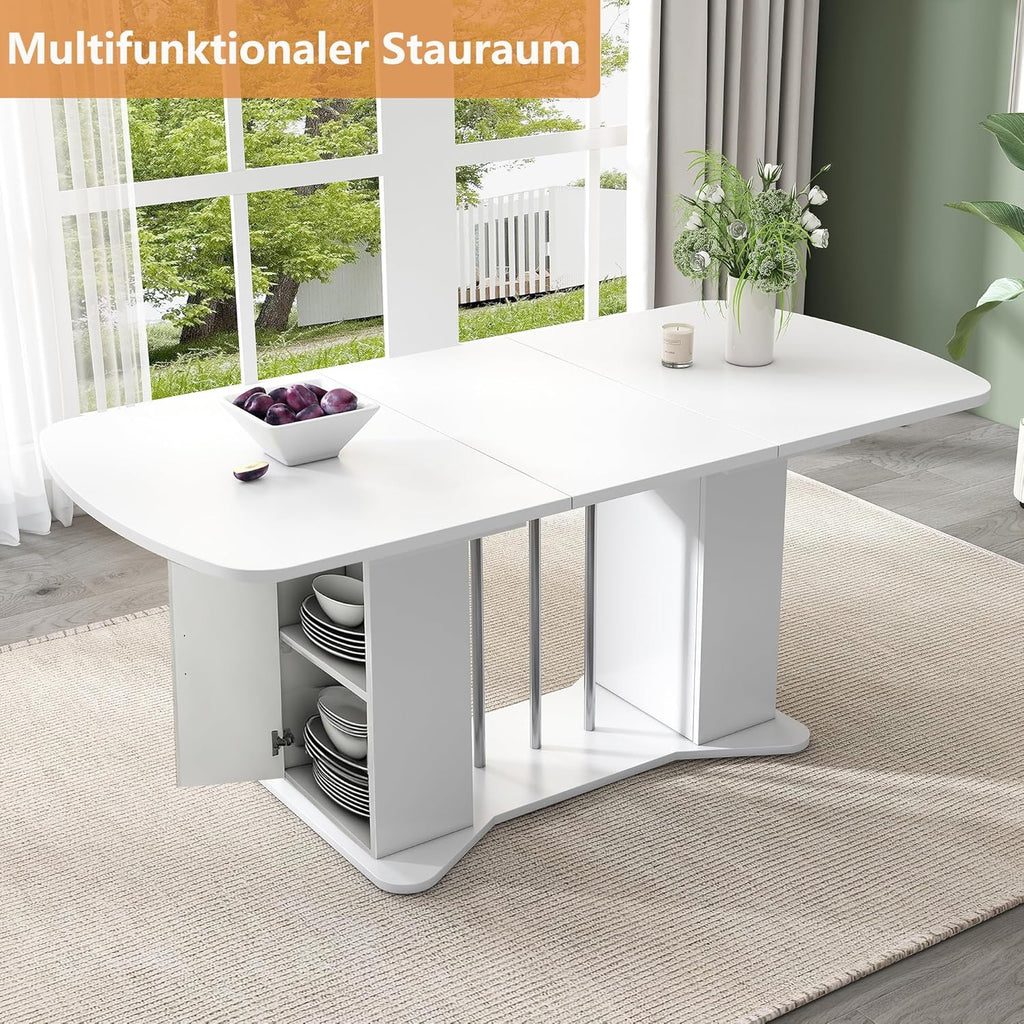 Mesa de comedor extensible moderna Bladez con espacio de almacenamiento, 120-160 cm x 80 cm, MDF en blanco, patas de metal plateado, mesa de cocina multifuncional para 4-8 personas, mesa de comedor