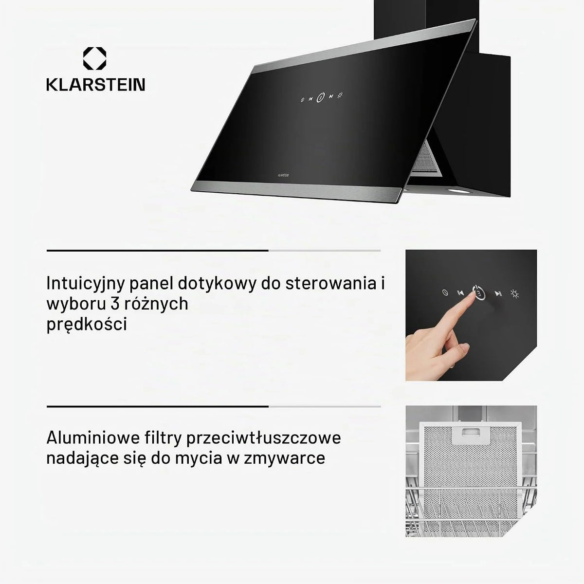 Klarstein FlashLine Okap kuchenny – Okap skośny 90 cm, Ekran dotykowy, 578 m³/h, Klasa energetyczna A++, Oświetlenie LED, 34,5 dB, Czarny, Tryb wyciągu i recyrkulacji