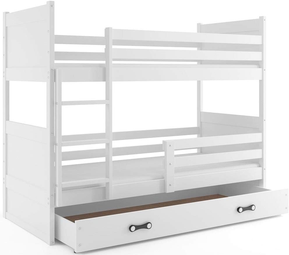 Interbeds Litera 200x90 cm Cama alta con cajón Cama litera Cama de madera de pino Cama infantil Cama juvenil con somier y protección anticaídas (blanco, 200x90)