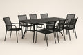 Juego de comedor negro de acero con 8 sillas de malla