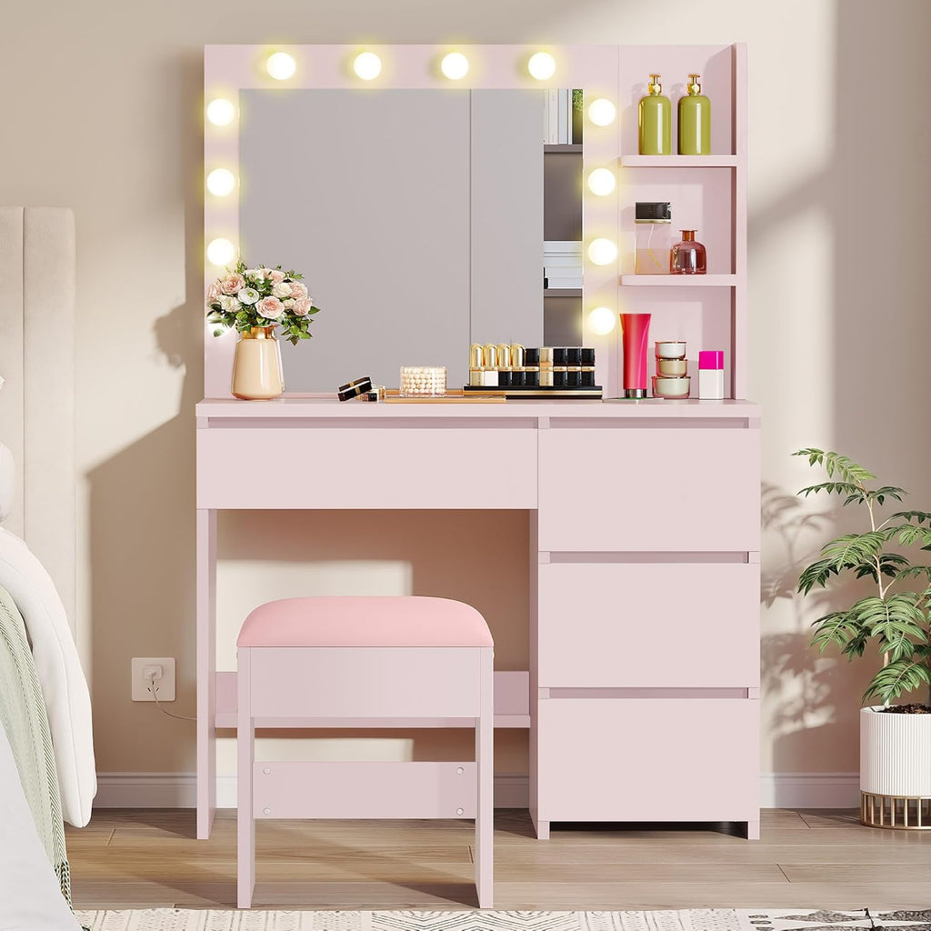 Tocador YITAHOME con iluminación, mesa de maquillaje con espejo y taburete, 3 colores con brillo ajustable, tocador con 4 cajones y compartimentos abiertos, mesa de tocador rosa