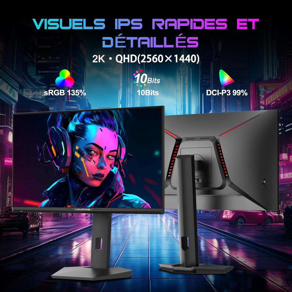 Monitor gaming Minifire de 27 pulgadas QHD 300Hz 2K 2560 x 1440 1440P-1ms FreeSync | DCI-P3 98% | HDR10 | 2×DP1.4 | 2×HDMI | Monitor de PC para juegos ajustable en altura, rotación vertical/horizontal (MFG27F6Q Pro)