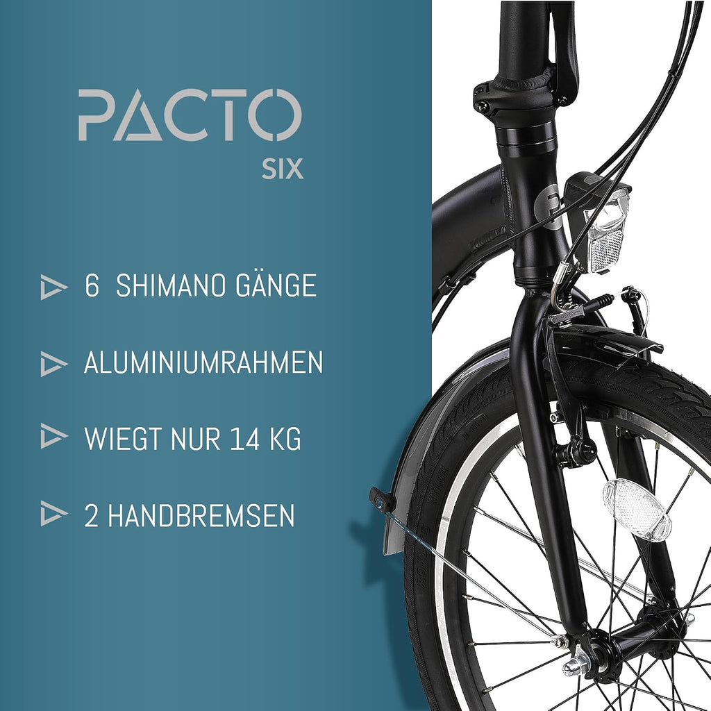 Bicicleta plegable premium PACTO para adultos - cuadro de aluminio de 27 cm, ruedas de aluminio de 20 pulgadas, 6 velocidades Shimano