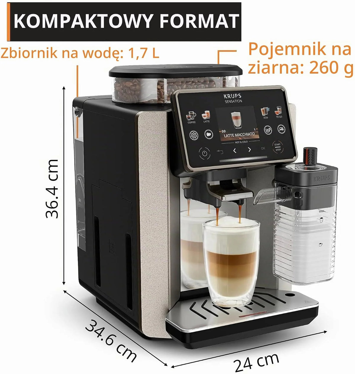 Krups Sensation Elite automatyczny ekspres do kawy, 24 gorące i zimne napoje, ekran 2,8", technologia Milk Maestro, technologia Cold Brew Arome, możliwość spersonalizowania ulubionych, Silver Premium