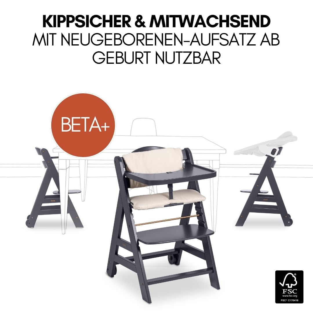 hauck Trona Beta+ Newborn Set Premium Dark Grey - Set de trona para bebé desde el nacimiento con accesorio para recién nacido Bouncer, cojín de asiento y bandeja - Gris oscuro