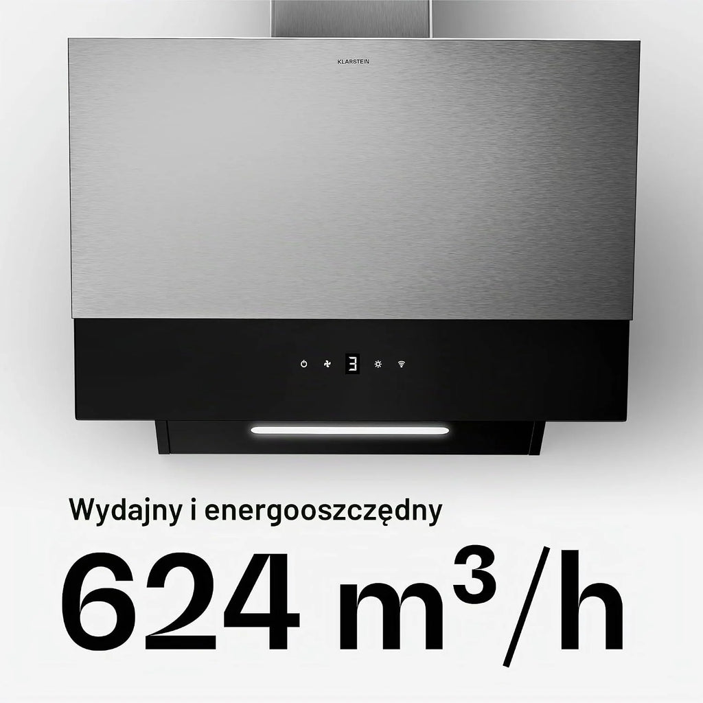 Klarstein Okap kuchenny, Verosteel 60 cm – Okap przyścienny skośny, 624 m³/h, energooszczędny A++, dotykowy, LED, cichy, ze stali nierdzewnej i szkła, filtr przystosowany do mycia w zmywarce