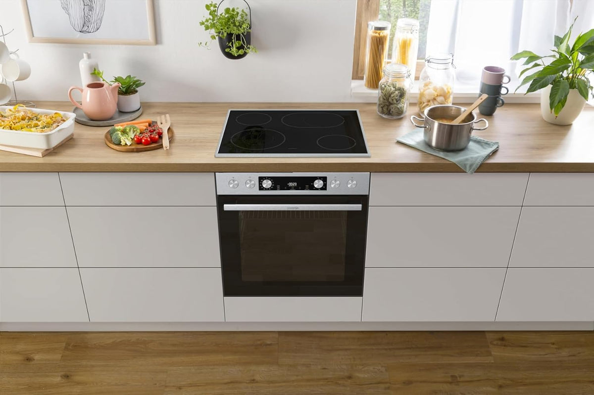 Set de horno empotrable Gorenje con aire caliente Inox Set 4 con placa vitrocerámica / 77 litros / ExtraSteam / GentleClose & Open / EcoClean / AirFry / PizzaMode / PerfectGrill / guías telescópicas / aspecto inox