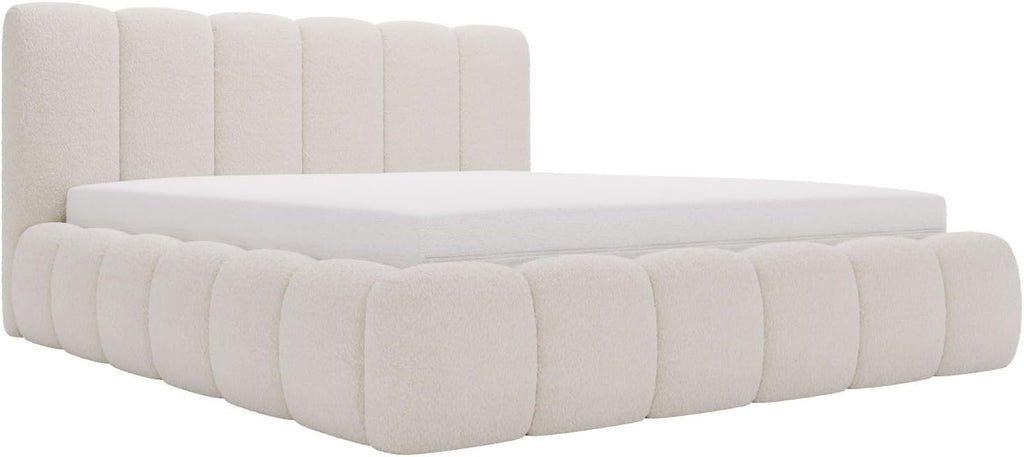 Cama tapizada GRAINGOLD Cloud 180x200 con arcón, cama tapizada con espacio de almacenamiento, tela de bouclé, con somier, con cabecero, sin colchón (beige, 180x200)