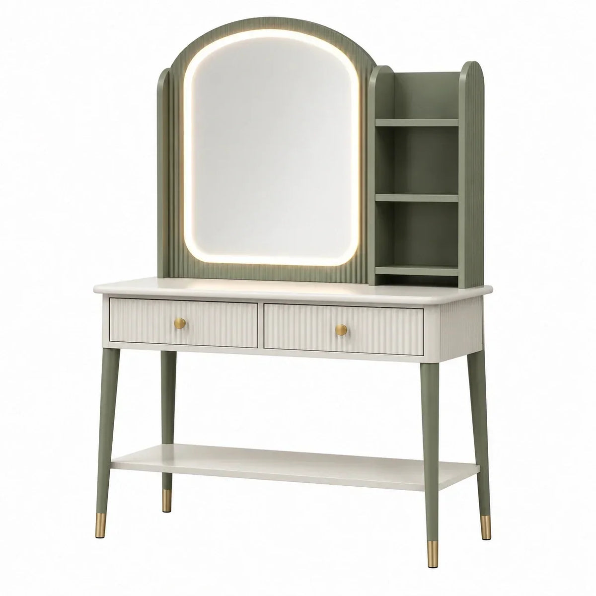 Tocador con LED, MDF, 2 cajones, verde/blanco