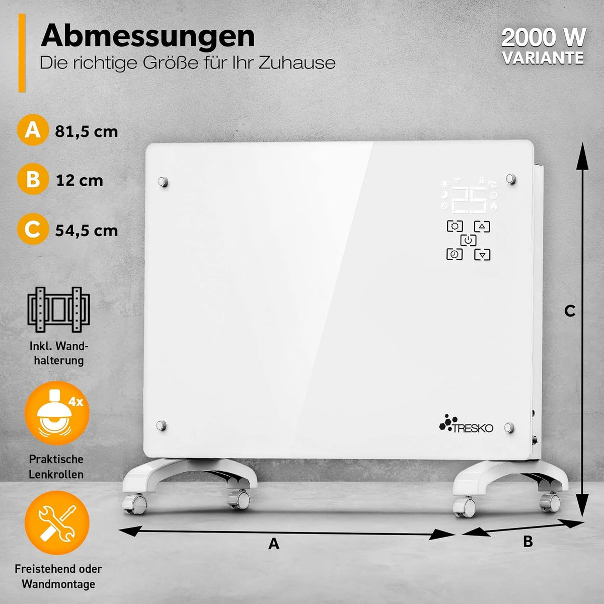 TRESKO® Szklany konwektor 2000 W, aplikacja WiFi, ogrzewanie elektryczne, ogrzewanie szklane, grzejnik konwektorowy, grzejnik LED i timer, grzejnik elektryczny, ogrzewanie stojące lub ścienne
