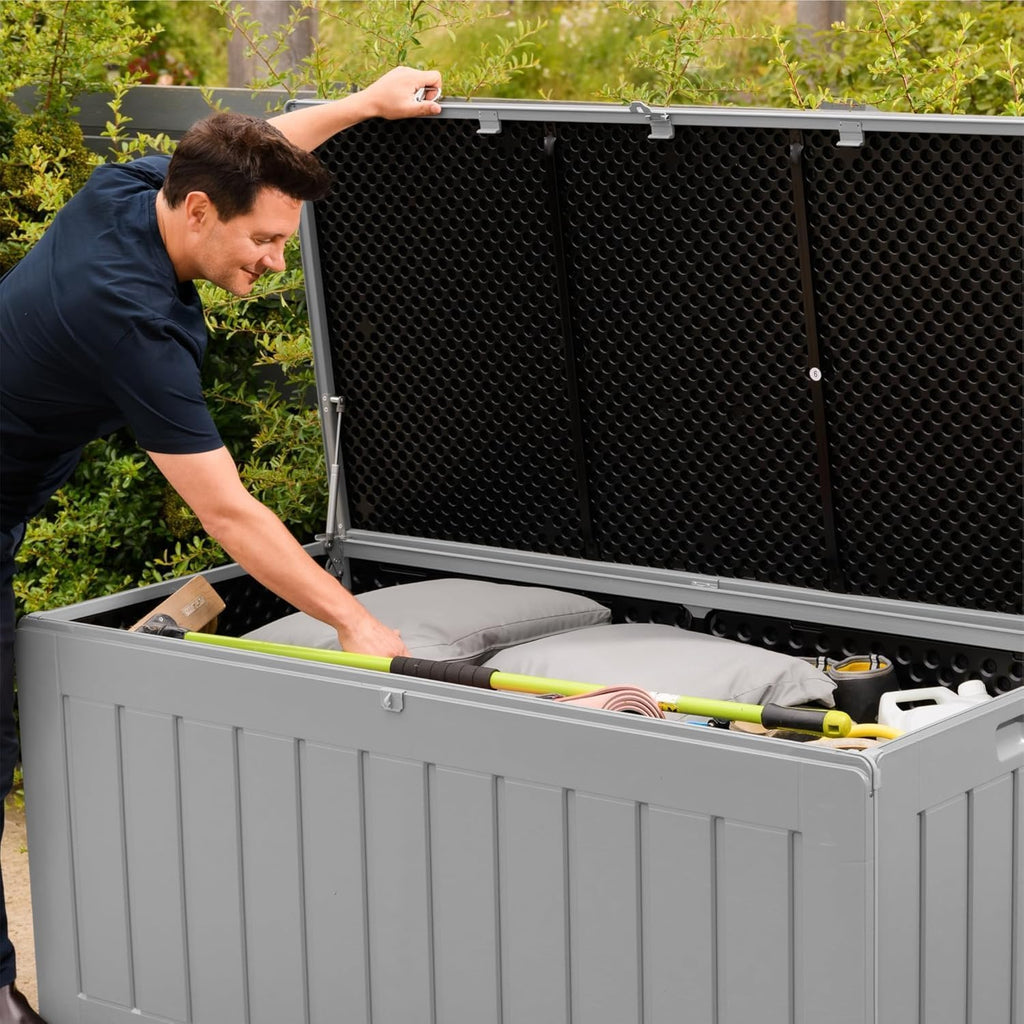 Olsen & Smith Caja de almacenamiento XXL 830L, baúl de jardín con tapa grande, caja impermeable para cojines, armario de jardín para cojines y cajas de almacenamiento para jardín, balcón, terraza, color antracita, caja para paquetes