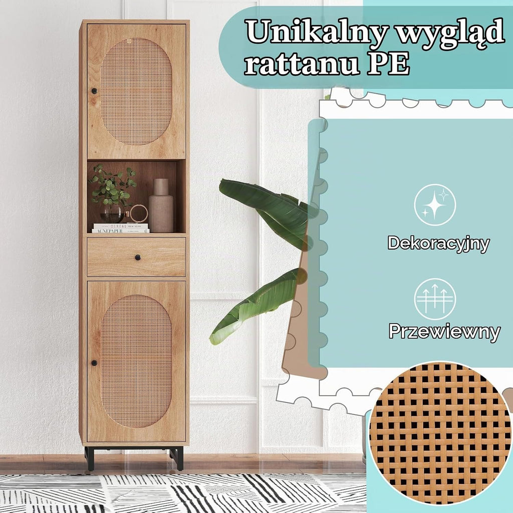 LIFEZEAL Szafka łazienkowa z 2 drzwiami rattanowymi, wysoka szafka toaletowa z regulowanymi półkami, metalowe nóżki, 40x30x170 cm, do łazienki, salonu, kuchni, naturalna