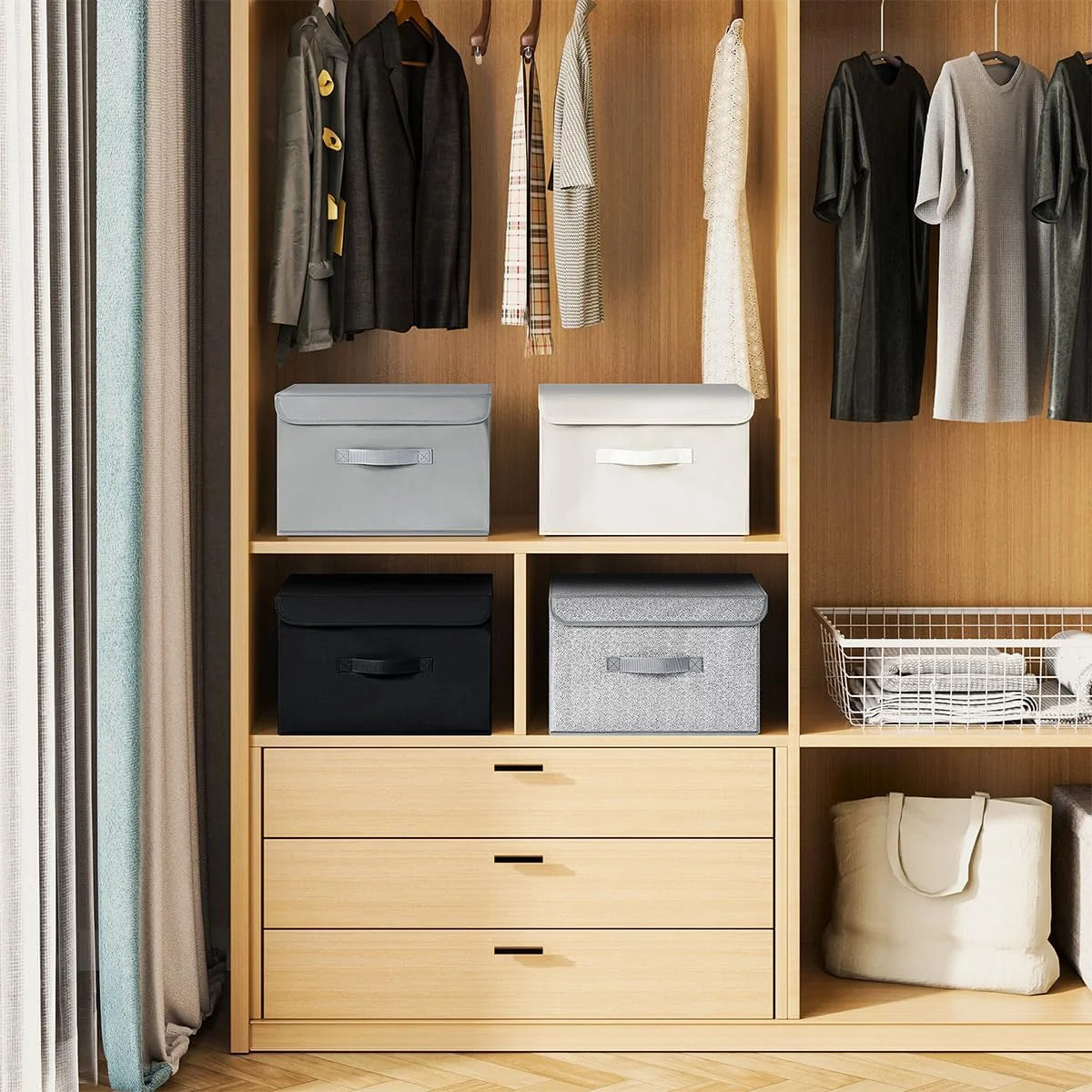 Homsorout Pudełka do przechowywania z pokrywkami - zestaw 4 składanych pojemników z uchwytami, pudełka do szafy, 38 x 25 x 25 cm Organizery na ubrania, półki, czarne