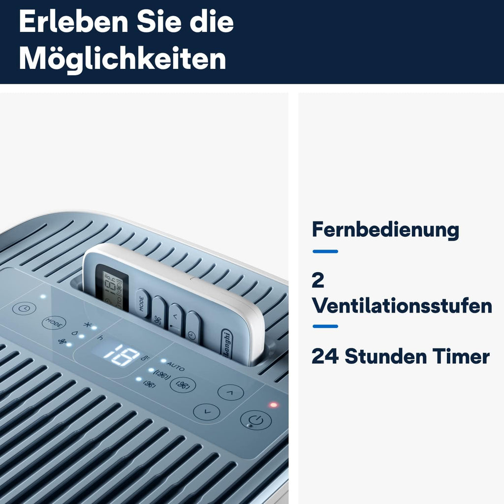 De'Longhi Pinguino PAC EM82, aire acondicionado portátil para habitaciones de hasta 80 m³, 9.400 BTU, 2,4 kW, 63 dB, función de deshumidificación, clase energética A, temporizador 24 h, blanco