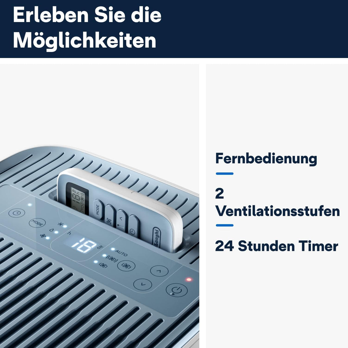 De'Longhi Pinguino PAC EM82, aire acondicionado portátil para habitaciones de hasta 80 m³, 9.400 BTU, 2,4 kW, 63 dB, función de deshumidificación, clase energética A, temporizador 24 h, blanco