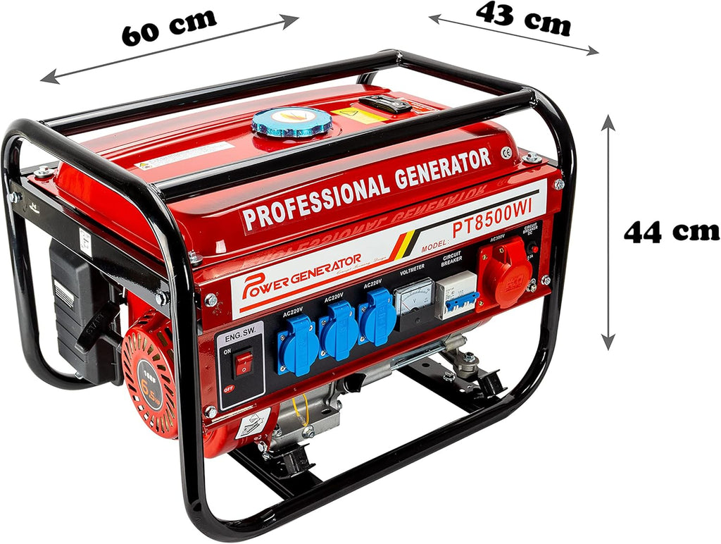 Generador eléctrico de gasolina | Generador de energía con accesorios | Generador de emergencia silencioso | 5 tomas de corriente 3x 230V / 1x 400V / 1x 12V | 6,5 HP (generador eléctrico con arranque manual)