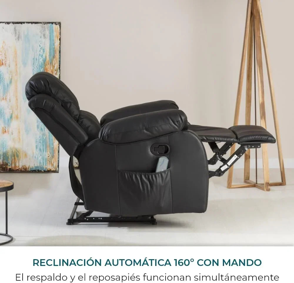 Don Descanso - Sillón Relax Masaje Calor Trevi Negro Reclinable 160º con 8 Motores Silenciosos, Calor Lumbar, Sistema de Masaje de 4 Zonas y Acabado en PU Anti-Cuarteo [Incluye Mando]. Ideal para Personas Mayores