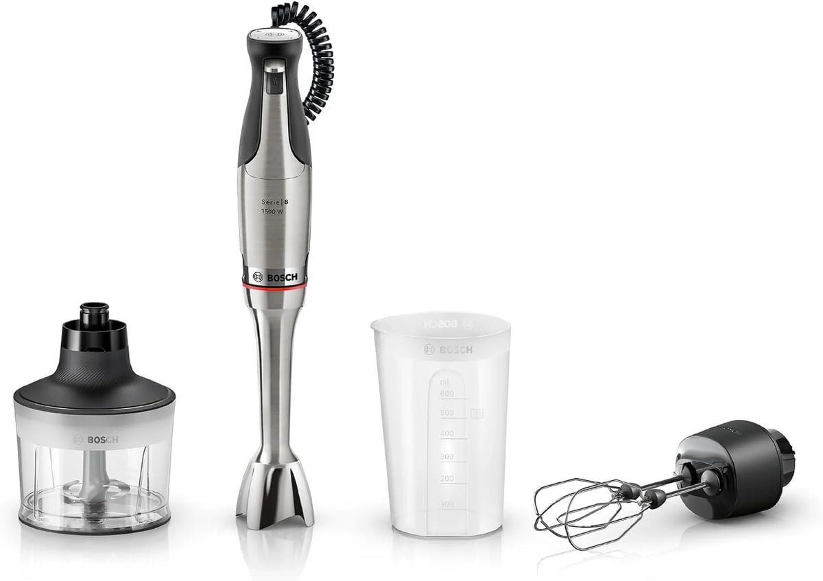 Bosch, blender ręczny, ErgoMaster Serie 8, silnik 1500 W, intuicyjna regulacja prędkości, 6-ramienne ostrze, akcesoria w zestawie, stal nierdzewna, MSM8M934