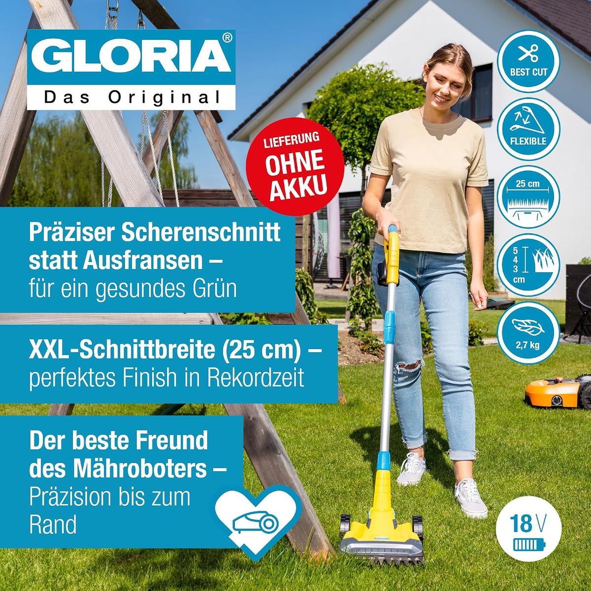 GLORIA Przycinarka do trawy FineCut 18V | Dla robotów koszącyc | Bez akku