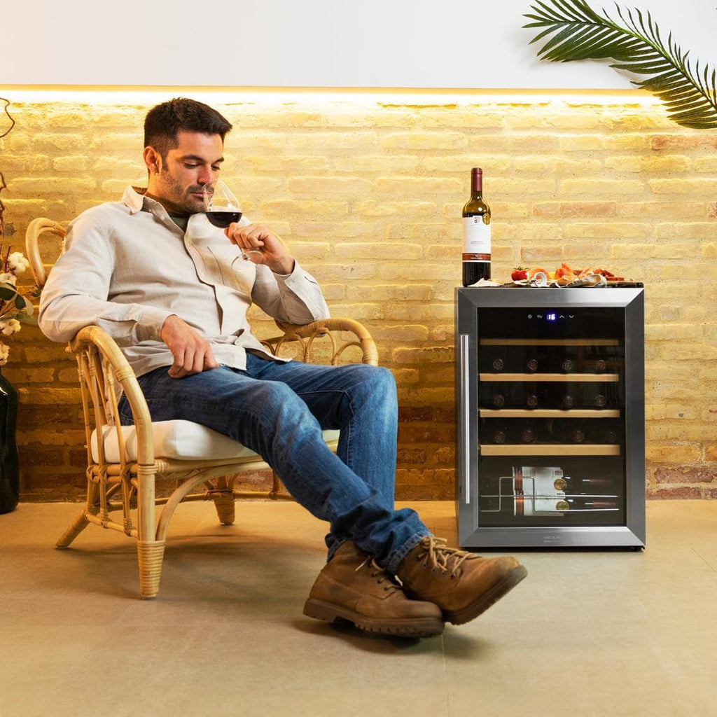 Cecotec Winiarnia, chłodziarka na wino, 24 butelki Bolero GrandSommelier 2050 Inox Compressor. Regulowana temperatura 5-18ºC, wysoka wydajność, cicha praca i brak wibracji