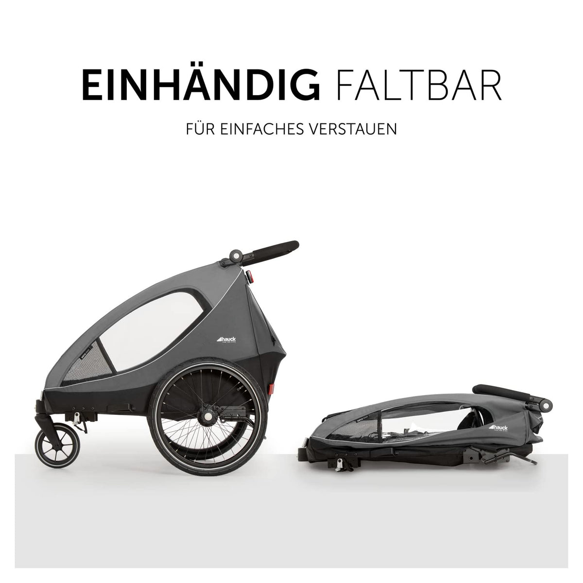 hauck Remolque de bicicleta y cochecito Dryk Duo Plus con suspensión, para 2 niños (6-48 meses), incluye barra de tiro, rueda de cochecito, bandera y luz LED, plegable, altura ajustable, maletero XL (verde oscuro)