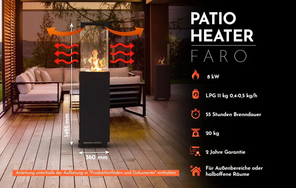 Calefactor de terraza Planika Faro, propano, negro, 8 kW, portátil, de pie, con funda para exteriores, 36x36x150 cm