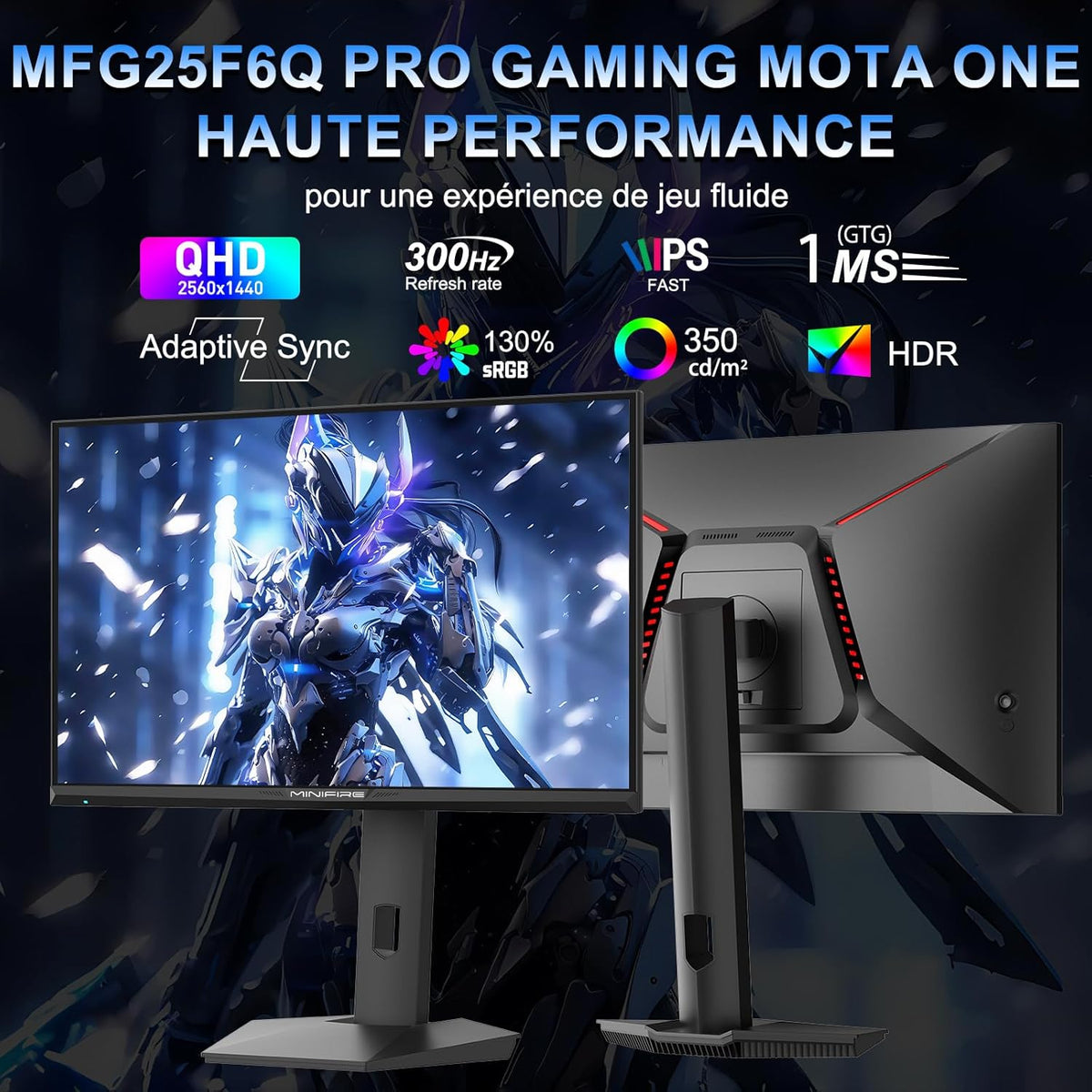 Monitor gaming Minifire de 24,5 pulgadas, 300 Hz/240 Hz, QHD (2560 * 1440), altura regulable, 1 ms MPRT con panel Fast IPS de 10 bits, 130 % sRGB, 2*HDMI 2.1 con VRR, PiP/PbP, AMD FreeSync (MFG25F6Q Pro)