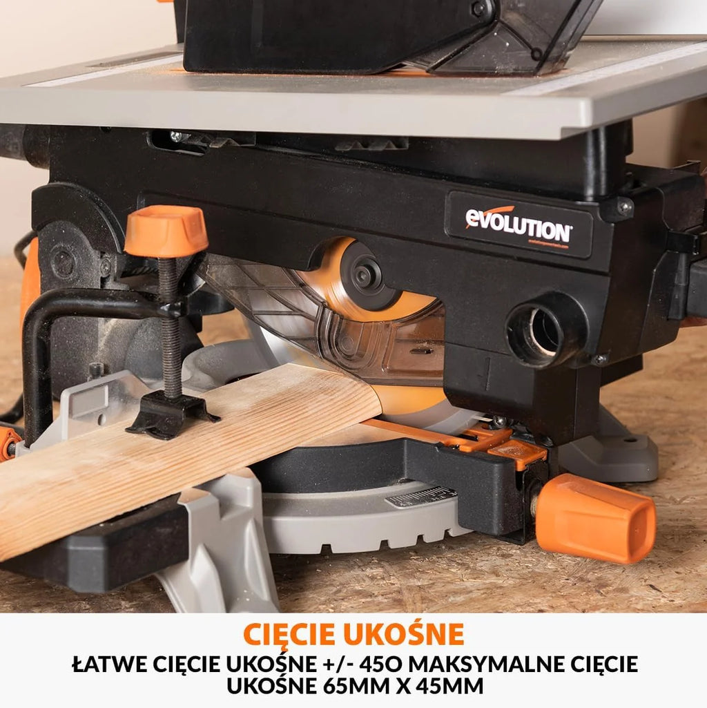 Evolution Power Tools R210MTS-G2 Zmienna piła ukośna/stołowa, kompaktowa, wielofunkcyjne cięcie różnych materiałów, ostrze TCT w zestawie do cięcia drewna, plastiku i metalu, 210mm