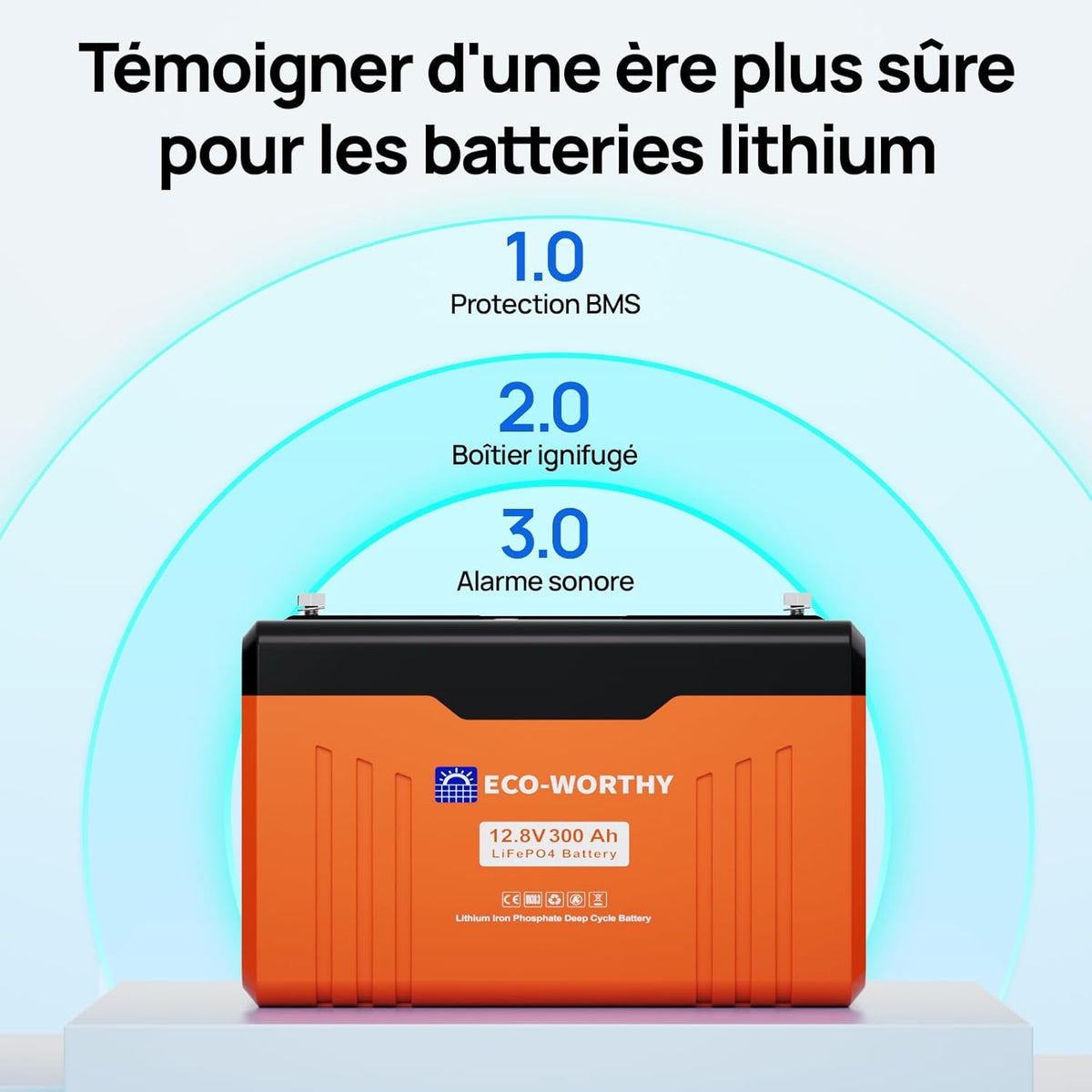 Batería de litio ECO-WORTHY 12V 300Ah LiFePO4 con Bluetooth y pantalla, batería LiFePO4 con BMS de 200A, protección de baja temperatura y máx. 15000 ciclos, 3840Wh 12V para autocaravana, panel solar