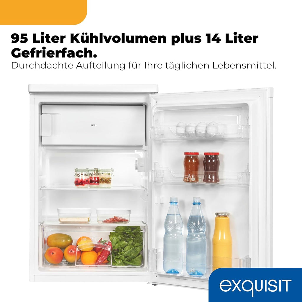 Frigorífico con congelador Exquisit, 109 l de capacidad útil, clase energética E, 40 dB(A), diseño compacto, congelador de 4 estrellas, iluminación LED, descongelación manual, KS516-4-E-040E, blanco