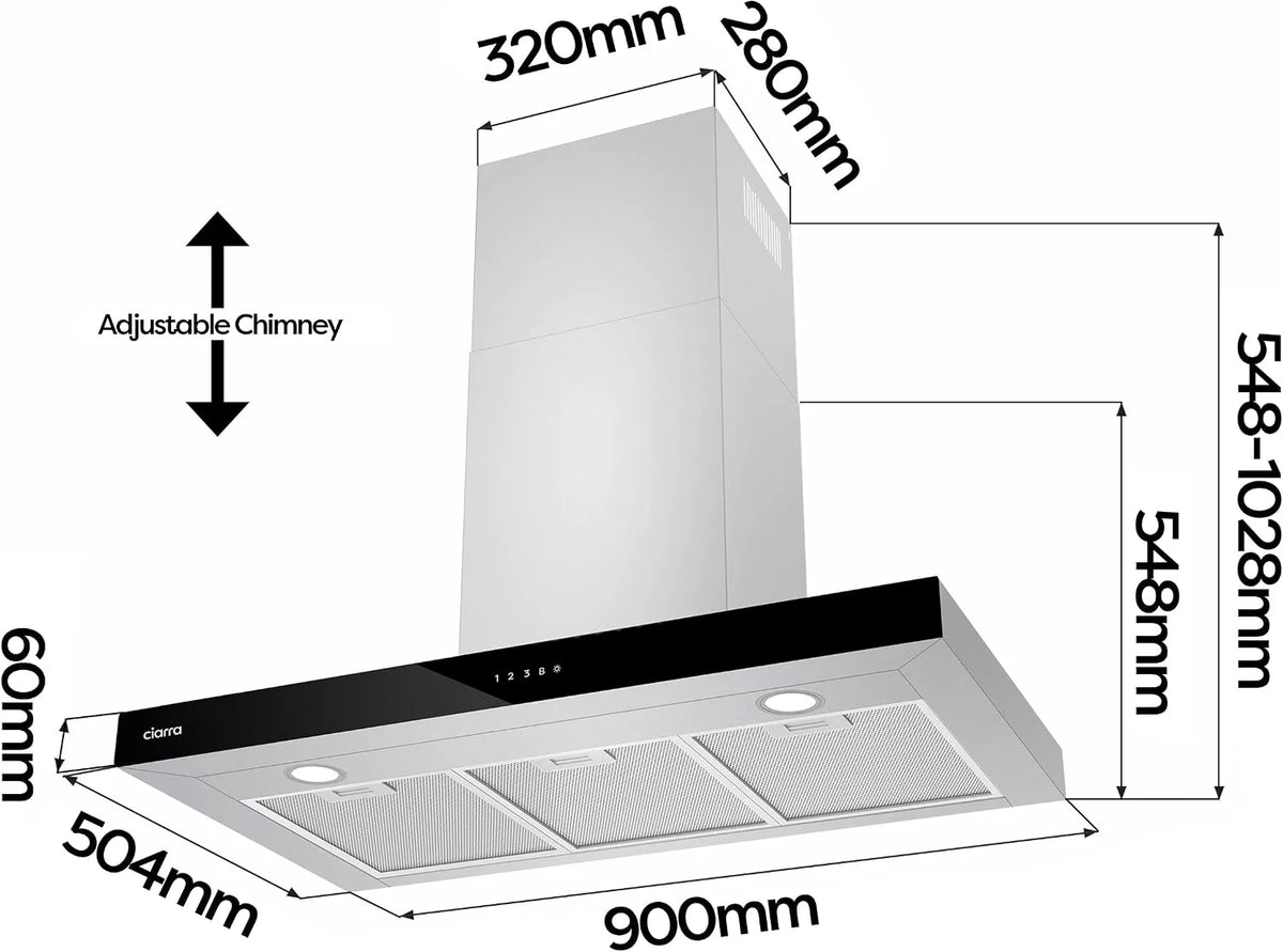 CIARRA CBCS9102 okap kuchenny 90 cm 650 m³/h - wydajność klasy A++ - 4 prędkości - funkcja Boost - cichy okap kuchenny - sterowanie dotykowe - ściemnialna dioda LED - okap ścienny ze stali nierdzewnej